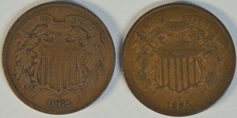 Pair of very well-defined 1865 Two Cent Pieces.