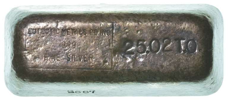 Eutectic Metals Company 25.02 Troy Oz. .999 Fine Silver Bar Poured