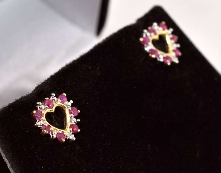 Darling Ruby and Diamond Heart Earrings in Yellow Gold