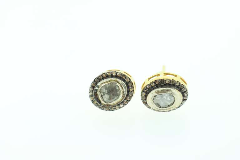 Impressionable Mine Cut Diamond Earrings in Gold Plated Silver Frame with Diamond Accents