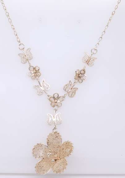 Vintage Sterling Silver Flower Necklace with Matching Flower Brooch Pendant