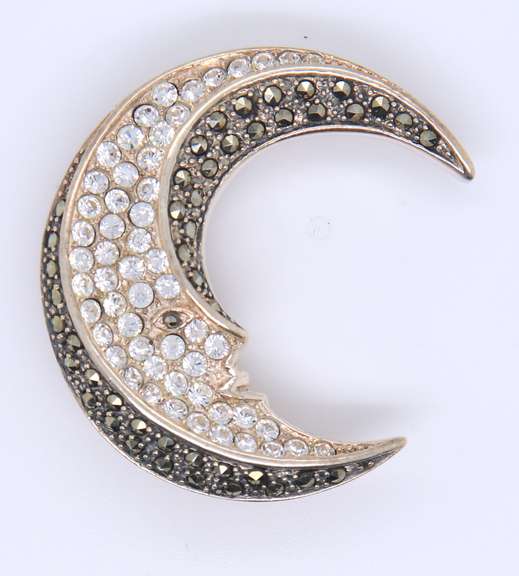 Vintage Sterling Silver Signed Moon Cubic Zirconia and Marcasite Pendant Brooch