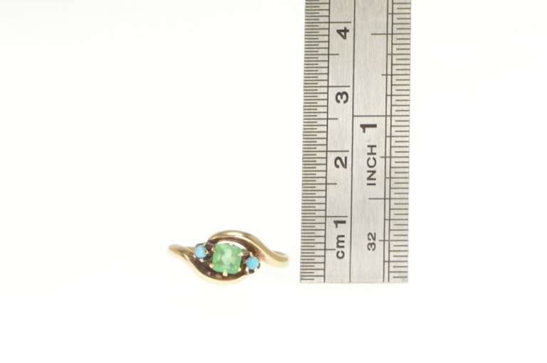 14K Yellow Gold Victorian Natural Emerald Turquoise Bypass Ring