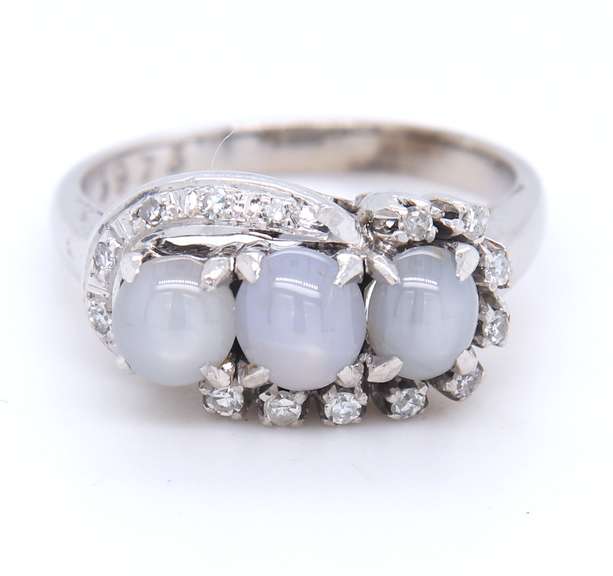 Vintage Sterling Silver Three Moon Stone and Diamond Ring