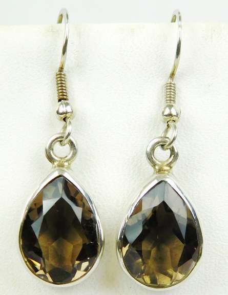 Large Sterling Smoky Quartz Pierced Earrings