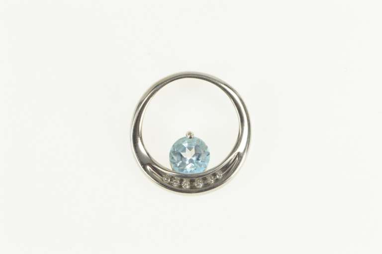10K White Gold Round Blue Topaz Diamond Channel Round Pendant