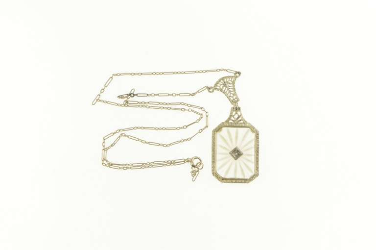 14K White Gold Art Deco Camphor Glass Filigree Diamond Necklace