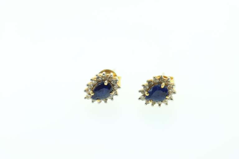 Deep Blue Teardrop Sapphire Earrings with Gold Plated Silver and Diamond Accents