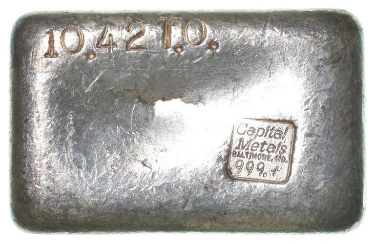 Capital Metals Baltimore, MD 10.42 T Oz .999 Fine Silver Bar Poured 10