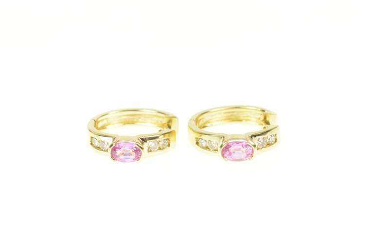 14K Yellow Gold 1.70 Ctw Pink Sapphire Diamond Huggies Hoop Earrings