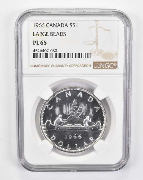 PL65 1966 Canada Silver Dollar Large Beads NGC