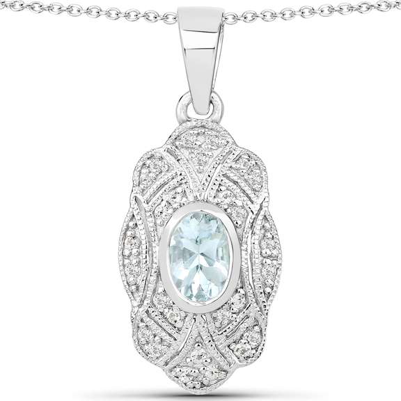 Plated Rhodium Aquamarine and White Topaz Pendant with Chain