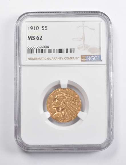 MS62 1910 $5 Indian Head Gold Half Eagle NGC