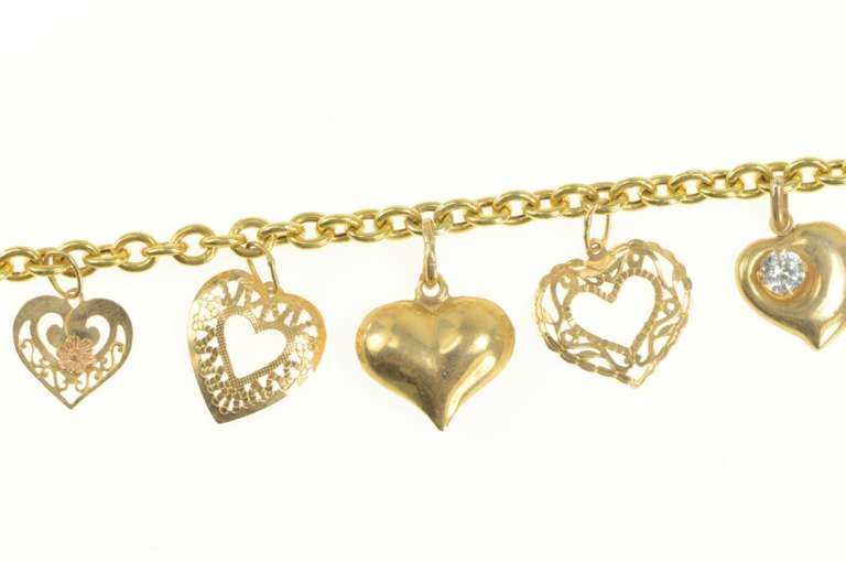 14K Yellow Gold Puffy Heart Love Diamond Star Charm Chain Bracelet
