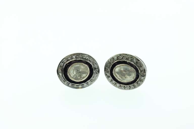 Oval Dark Silver Mine Cut Diamond Earrings with Diamond Accents