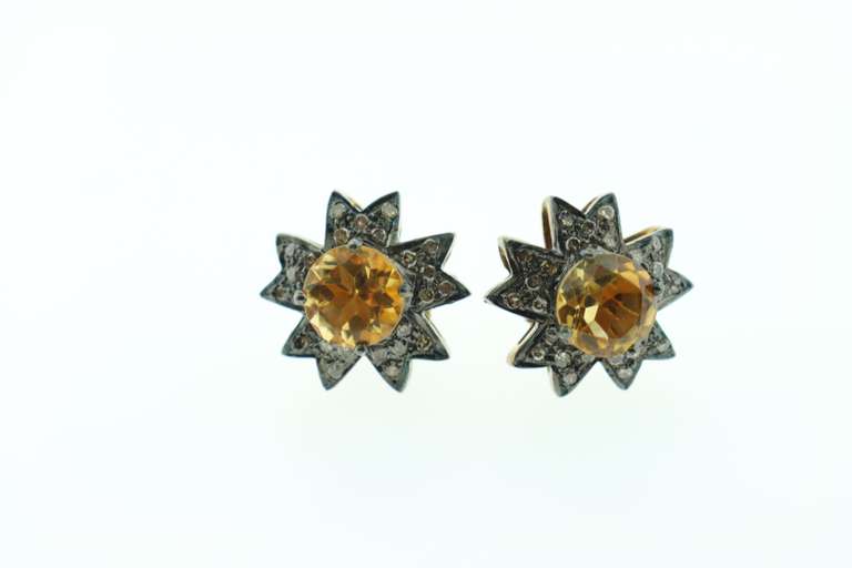 Sunny Citrine Core Earrings with Dark Silver and Diamond Accents