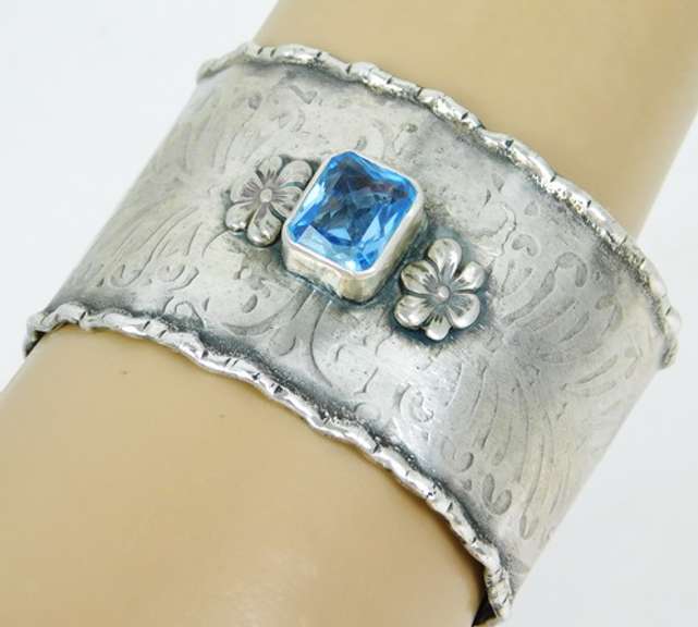 Designer Wide Sterling Cuff with Blue Topaz