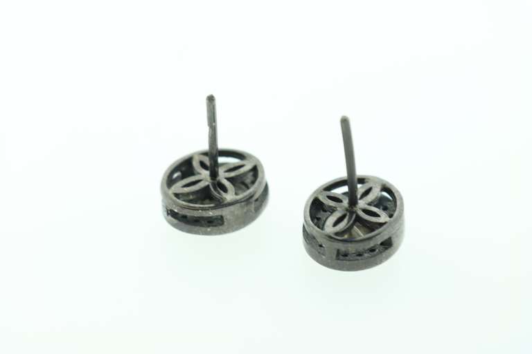 Oval Dark Silver Mine Cut Diamond Earrings with Diamond Accents