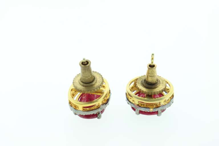 Blood Red Ruby Earrings with Gold Plated Silver and Diamond Accents
