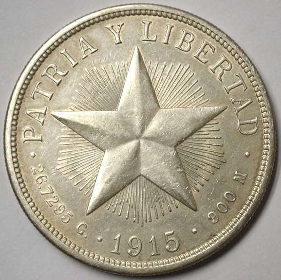 Very Rare 1915 Cuban Silver Star Peso Coin, Lightly Circulated.