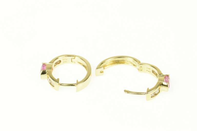 14K Yellow Gold 1.70 Ctw Pink Sapphire Diamond Huggies Hoop Earrings