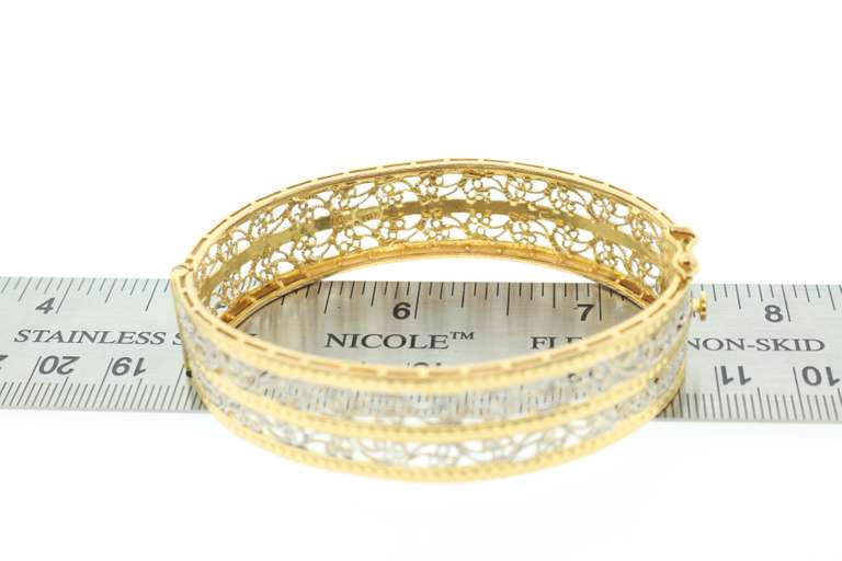 Meticulously Carved 22k White Gold and Yellow Gold Bangle Bracelet