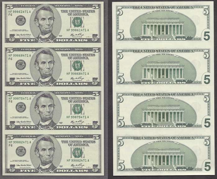 $5 2006 Uncut sheet of 4 Notes