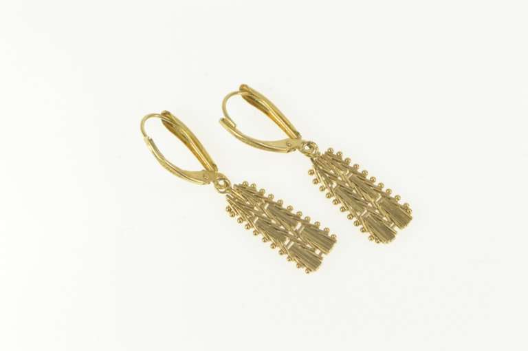 14K Yellow Gold Squared Chain Design Dangle Lever Back Earrings