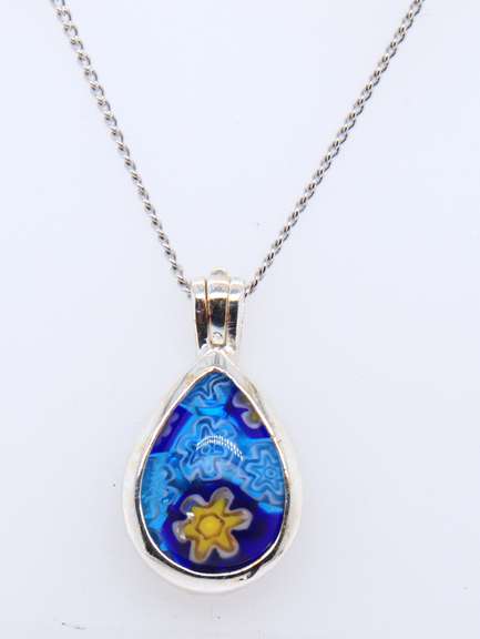 Vintage Sterling silver Blue Glass Pendant on Chain