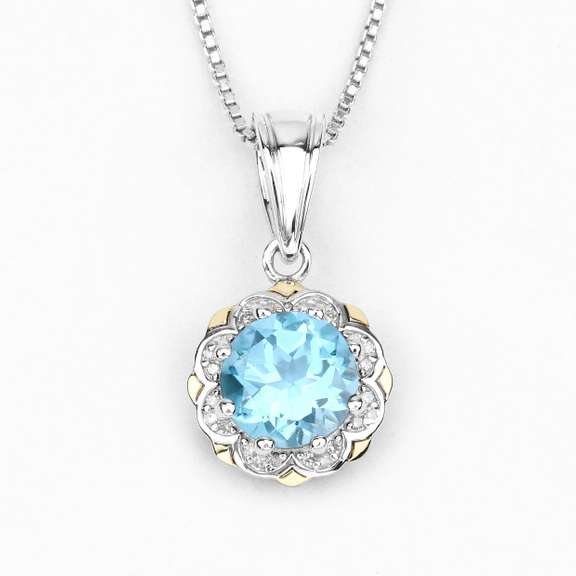 Plated Rhodium 2.25ct Blue Topaz and Diamond Pendant with Chain
