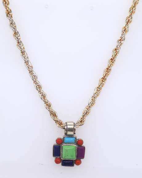 Vintage Sterling Silver Multi Gemstone Pendant on Chain