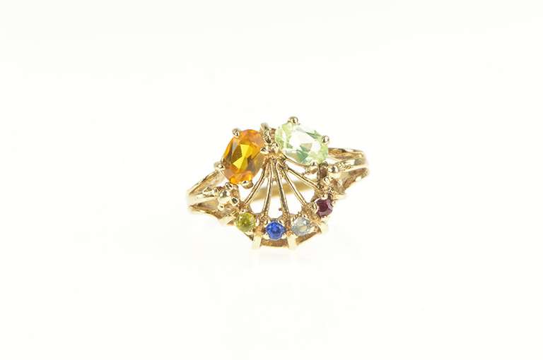 10K Yellow Gold Retro Citrine Lime Quartz Fanned Statement Ring