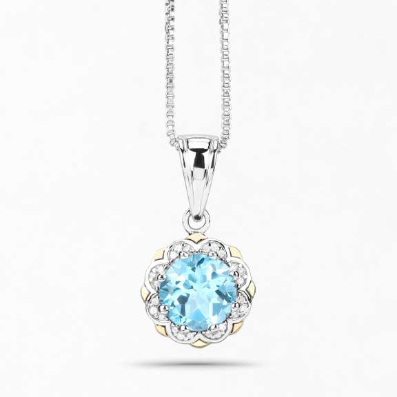 Plated Rhodium 2.25ct Blue Topaz and Diamond Pendant with Chain