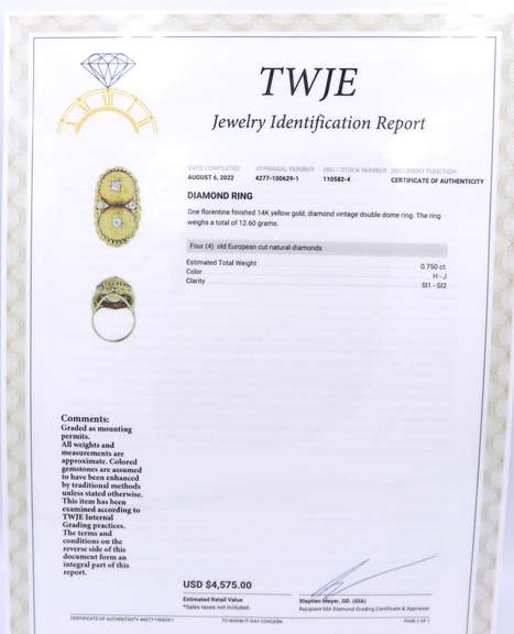 Antique Florentine Double Dome Euro Cut Diamond Ring in Yellow Gold