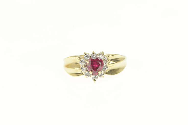 10K Yellow Gold Heart Syn. Ruby CZ Halo Cluster Statement Ring