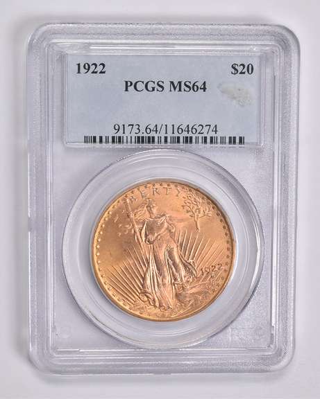 MS64 1922 $20 Saint-Gaudens Gold Double Eagle PCGS