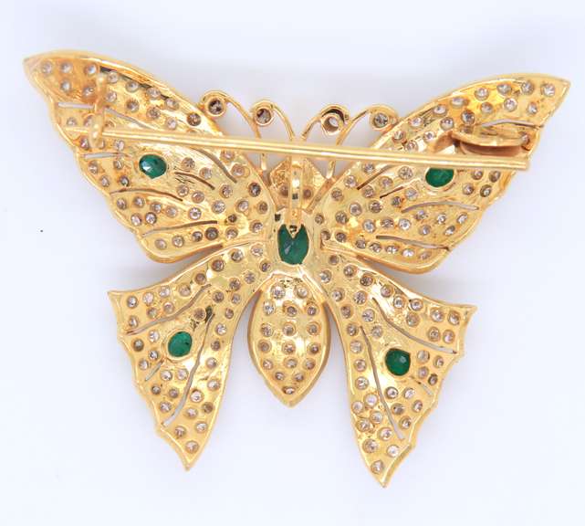 Incredible Yellow Gold oval Emerald and Diamond Butterfly Brooch