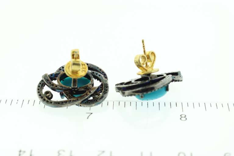 Stunning Diamond Encrusted Dark Silver Looped Earrings with Turquoise Colored Gemstone