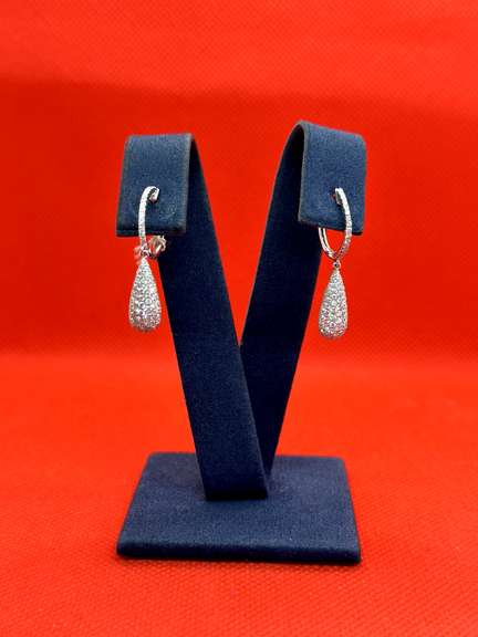DELICATE 14K WHITE GOLD LEVERBACK TEARDROP EARRINGS WITH DIAMONDS