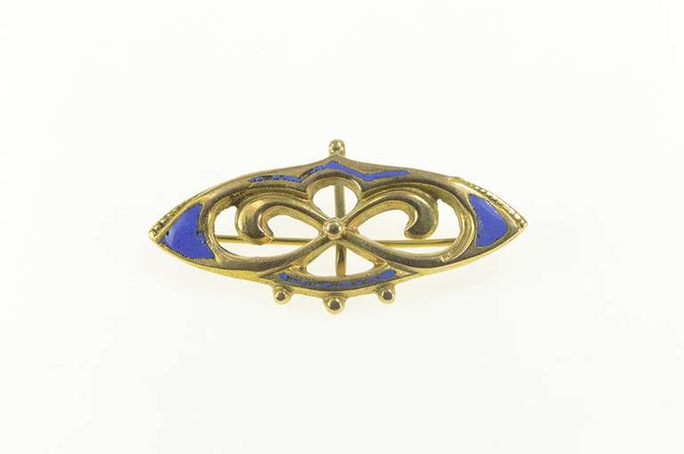 14K Yellow Gold Art Nouveau Blue Enamel Swirl Statement Pin/Brooch
