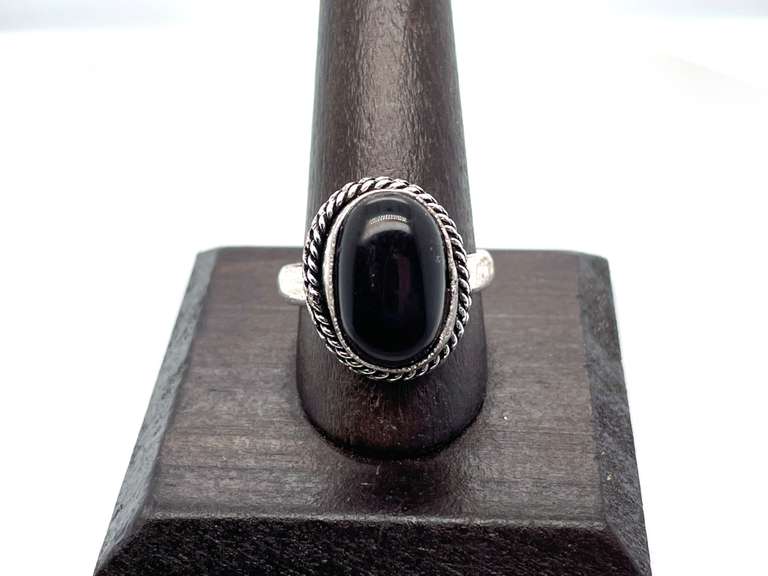 Oval Black Onyx Tibetan Silver Double Rope Design Ring