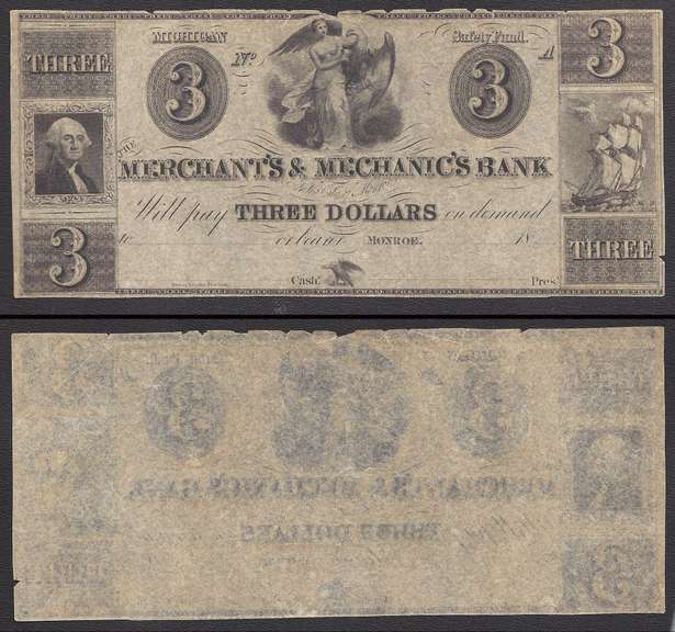 $3 Obsolete remainder Merchant's & Mechanic's Bank Monroe, MI