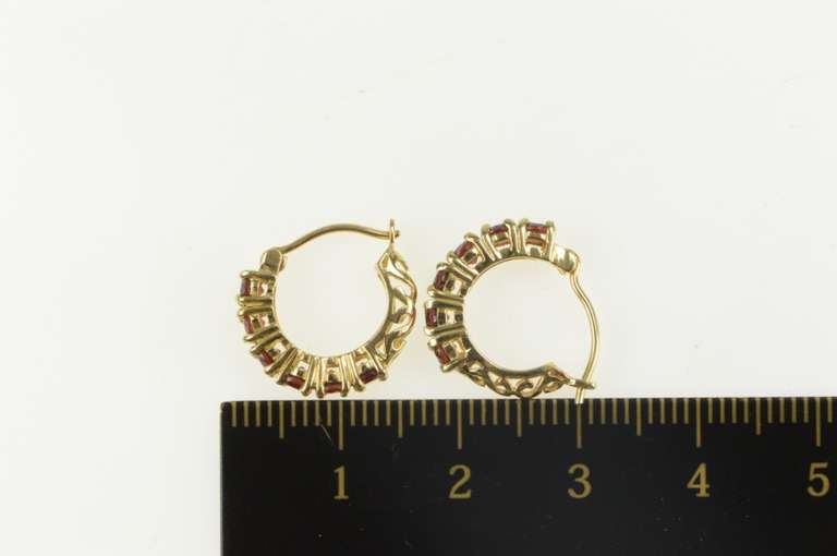 14K Yellow Gold Garnet Inset Ornate Filigree Fashion Hoop Earrings