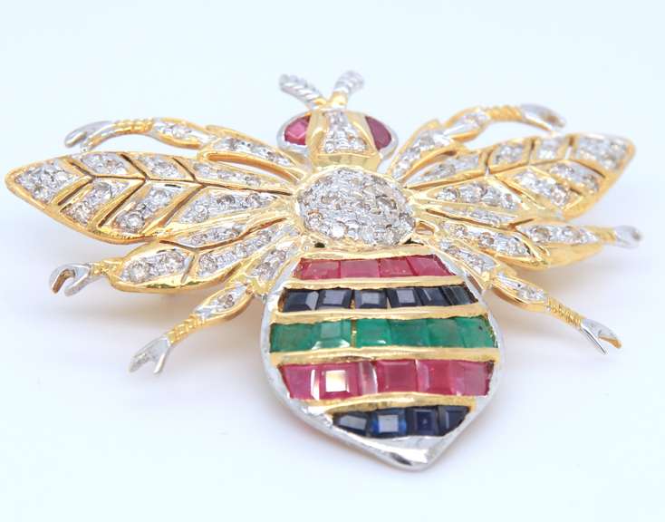 Dynamic Yellow Gold Multi Gemstone and Diamond Bee Brooch
