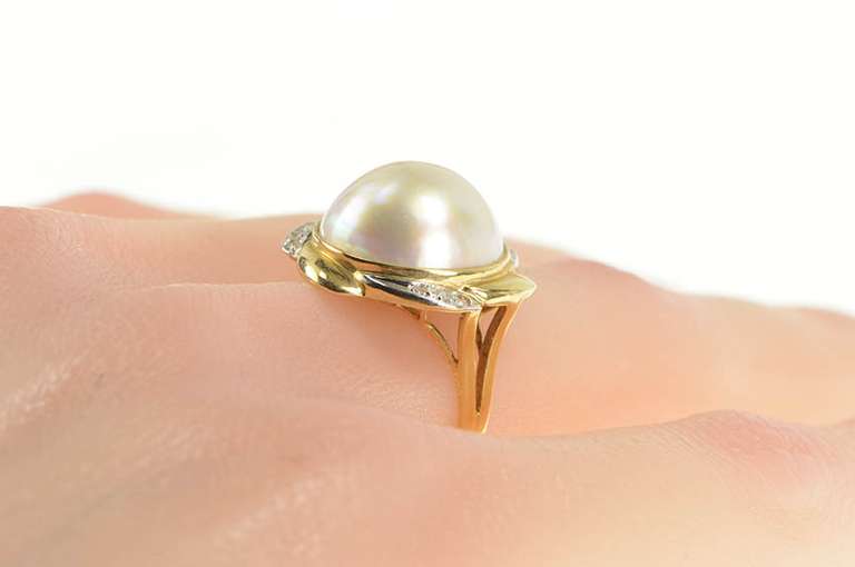 14K Yellow Gold Pearl Diamond Ornate Retro Swirl Cocktail Ring