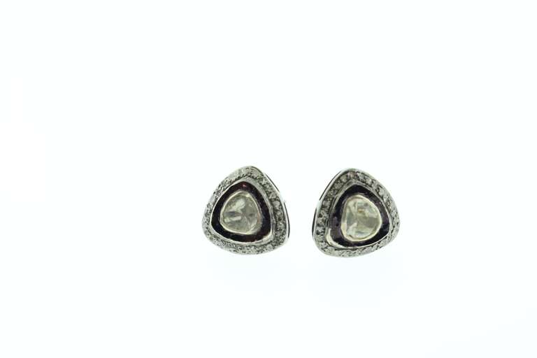 Angular Mine Cut Diamond Earrings with Dark Silver and Diamond Accents
