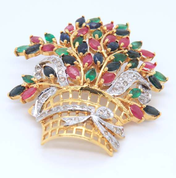 Optimal Yellow Gold Emerald, Ruby, Sapphire and Diamond Flower Basket Brooch