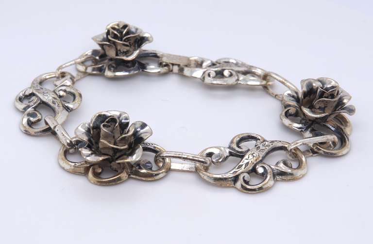 Vintage Sterling Silver Signed Flower Link Bracelet