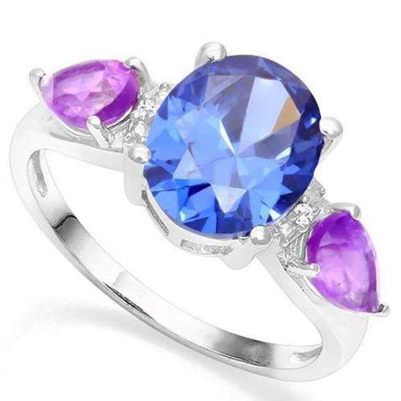 925 STERLING SILVER OV 8*10 MM LAB TANZANITE & AMETHYST WOMEN RING