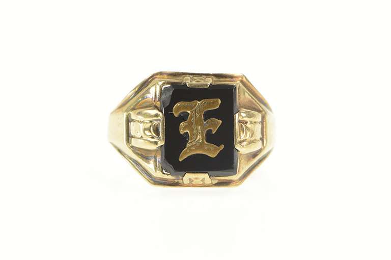 10K Yellow Gold Victorian Black Onyx E Monogram Ornate Ring